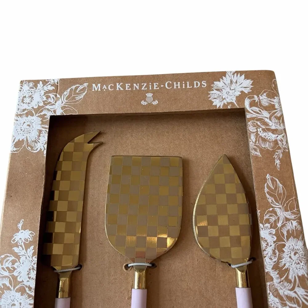 NEW MacKenzie-Childs Rosy Checked Cheese Knife Set of 3 in Original Box